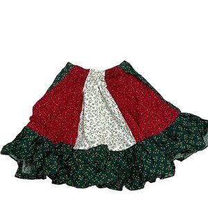 Festive Womens Holiday Patchwork Skirt With Ruffled Hem & Elastic Waist